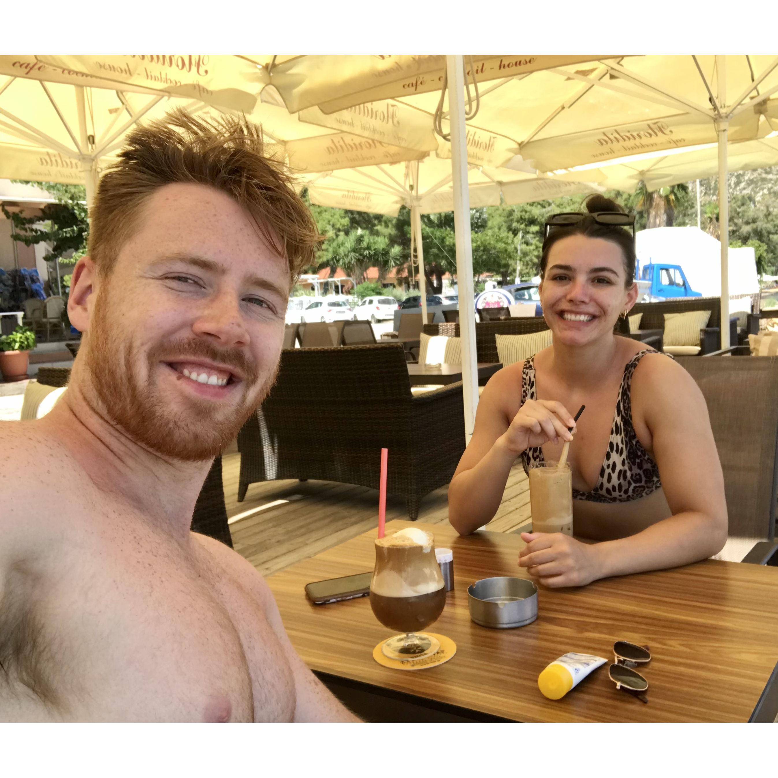 Connor and Abigail relying on affogatos to keep cool in Greece