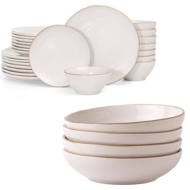 famiware Tempus 22 Pieces Dinnerware Sets, Plates and Bowls Set for 6, 40 oz Pasta Bowls for Serving - Antique White
