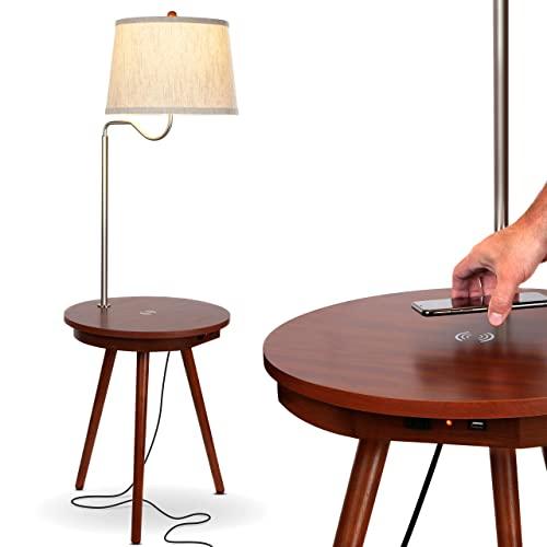 Brightech Owen - End Table with Lamp for Living Rooms, Wireless Charging Station & USB Ports Built in - Wood Nightstand/Side Table & LED Reading Light Attached for Bedrooms - Havana Brown