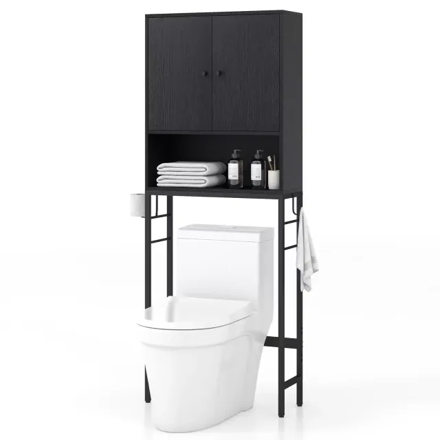 Over The Toilet Storage Bathroom Organizer with Double-Door Cabinet & Open Compartment Adjustable Shelf & Bottom Bar Space-saving Rack Black