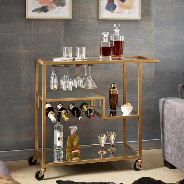 Chelsea Lane Champagne Gold Mirror Glass Metal Bar Cart