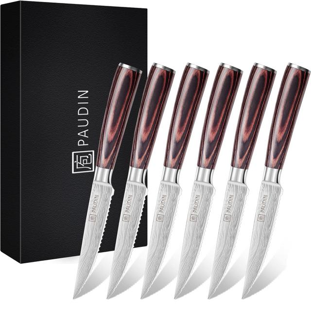 PAUDIN Steak Knives Set of 6, Kitchen Steak Knife 4.5 Inch, High Carbon German Stainless Stain Steak Knives, Serrated Steak Knife with Pakkawood Handles, Dinner Knives with Gift Box