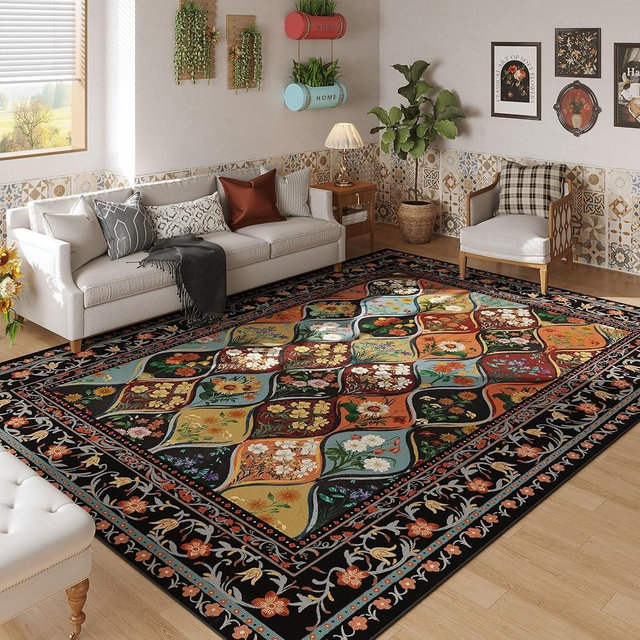 Vowkten Bohemian Geometric Floral Area Rugs 5x7, Machine Washable, Low Pile Soft Carpet, Non-Slip for Living Room, Bedroom, Dining Room, Farmhouse, Kids Playroom, Office | Black