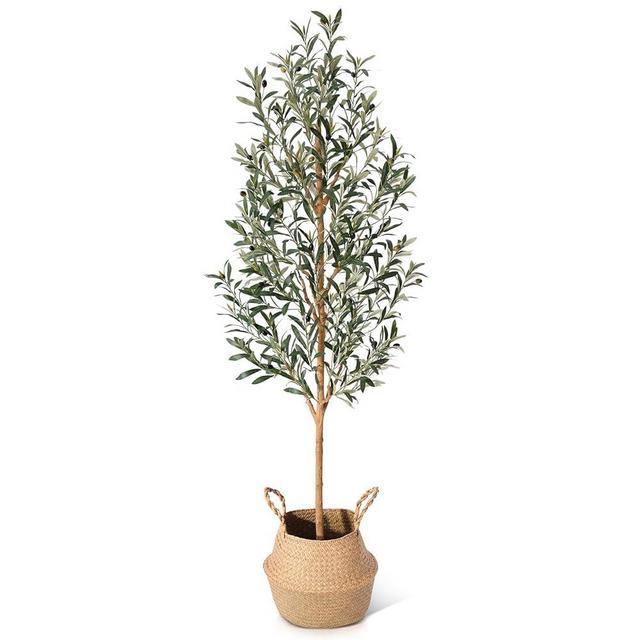 Faux Olive Tree 6FT – Tall Artificial Plants Indoor with Real Wood Trunk & Seagrass Basket, Lifelike Silk Leaves & Fruits – Potted Large Fake Trees for Home, Living Room, Bedroom & Office Decor