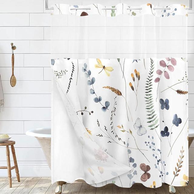Floral No Hook Shower Curtain with Snap in Liner, Cute Flowers Butterfly No Hook Fabric Shower Curtains Set for Bathroom, Hotel Style Double Shower Curtain Detachable Liner Replacement 71X74IN (71IN)