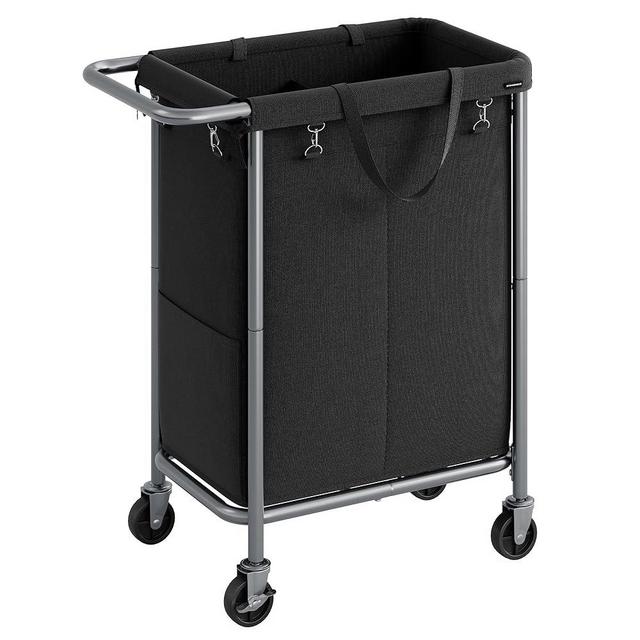 SONGMICS Laundry Basket with Wheels, 2-Section Rolling Laundry Hamper, 37 Gallons (140L), Removable Liner, Steel Frame with Handle, Blanket Storage, 27.2 x 15.4 x 31.9 Inches, Ink Black URLS004B01