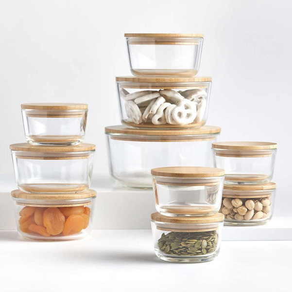Crate & Barrel 20-Piece Round Glass Food Storage Set with Bamboo Lids
