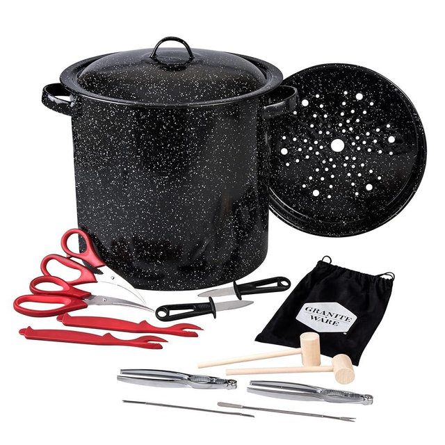 Granite Ware 15-Piece Seafood Set with 15.5 Qt Stock Pot, Lid & Steamer Insert and Seafood Tool Kit for Crab, Lobster, Shrimp Boiling.