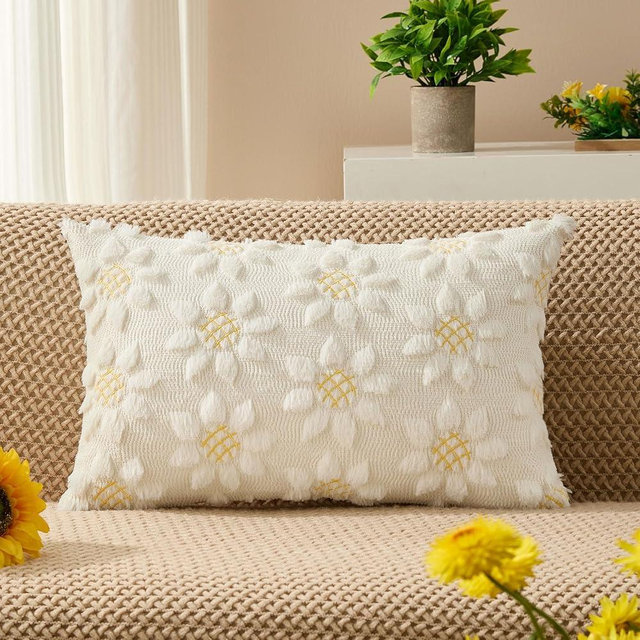 DFXSZ Spring Summer Pillow Covers 12x20 inch Spring Decoration Yellow Embroidered White Sunflowers Decor Soft Plush Faux Fur Jacquard Throw Pillows for Sofa Holiday Home Decor PTK038R12