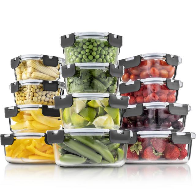 FineDine 24-Piece Superior Glass Food Storage Containers Set - Newly Innovated Hinged Locking lids - 100% Leakproof Glass Meal-Prep Containers, Great On-the-Go Freezer-to-Oven-Safe Food Containers