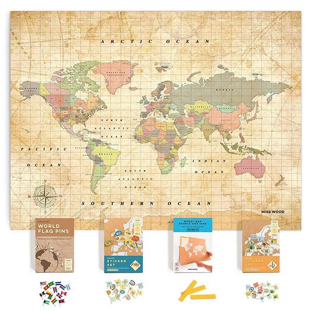 World Map Cork Board kit: Push Pin World Map with Pins World Flags, Food Stickers, for Travelers