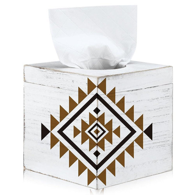 Acellegic Southwestern Wooden Tissue Box Cover with Aztec Design Wood Cube Square Vintage Mexican Tissue Box Cover Southwestern Aztec Decor for Western Home Decor Bathroom