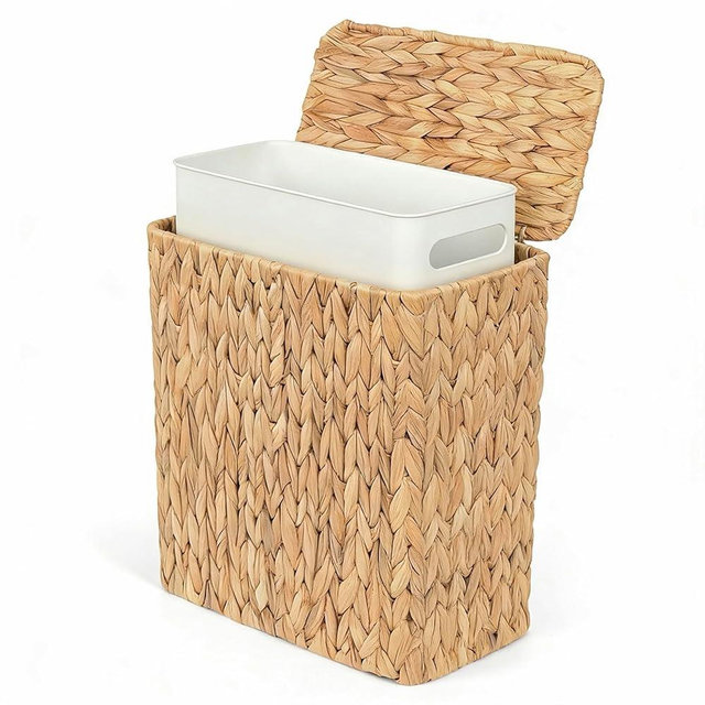 Temrubato Wicker Trash Can,3 Gallon Bathroom Trash Can with Lid,Natural Water Hyacinth Wicker Waste Basket with Removable Liner, for Bedroom, Toilet, Narrow Spaces