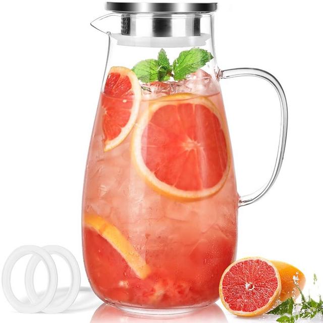LUNA & MANTHA Glass Pitcher with Lid, Glass Water Pitcher for Fridge, 64oz Drink Pitcher with 2 Silicone Rings, Borosilicate Glass for Iced Tea, Juice, Milk, Coffee Hot/Cold Beverages Carafe-2 Quart