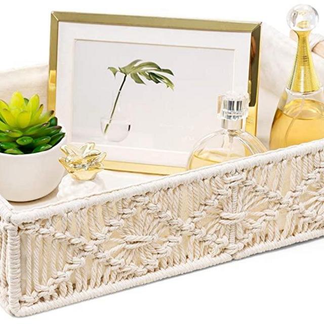 Mkono Macrame Decorative Tray Boho Home Decor Basket with Wooden Handles Handmade Woven Jewelry Perfume Makeup Storage Organizer for Vanity, Dresser, Countertop, Bedroom, Living Room, Ivory