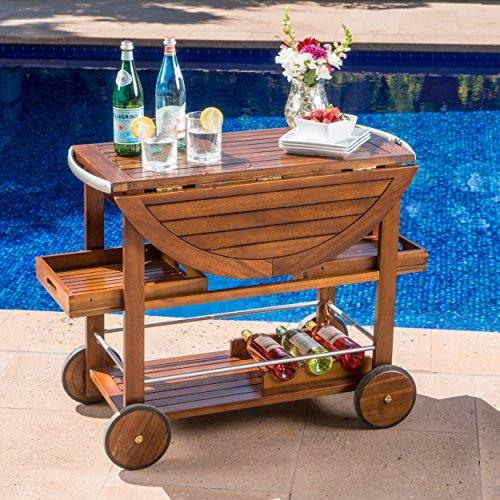 Christopher Knight Home Tiller Outdoor Dark Acacia Wood Bar Cart with Shiny Powder Coated Aluminum Accents, Oak