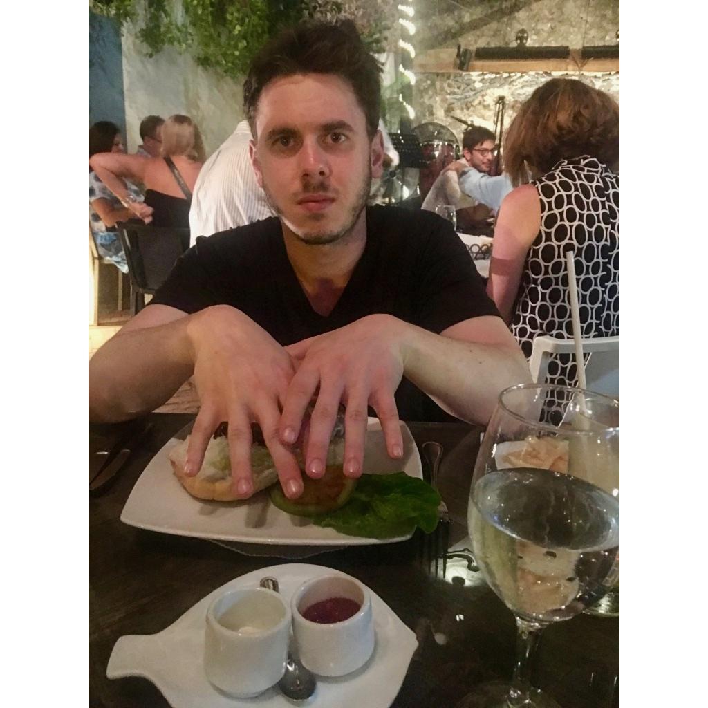only Aaron would get an American burger in a foreign country