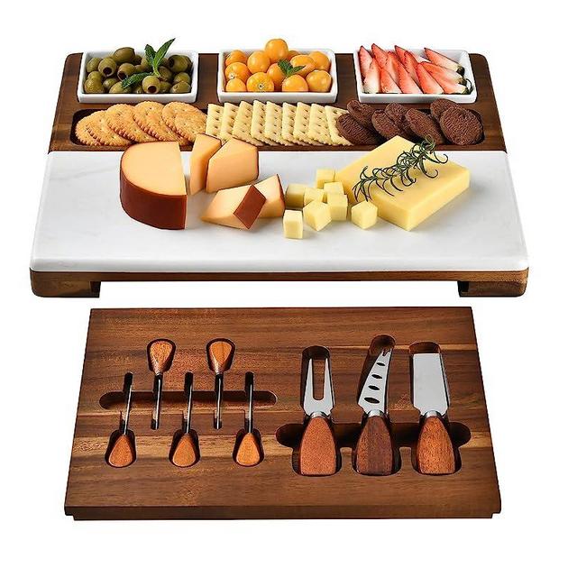 Shanik Wood - Marble Cheese Board Set with 3 Ceramic Bowls - Stainless Steel Cutlery Set, Charcuterie Board Set & Gift for Any Occasion (Without Engraving)