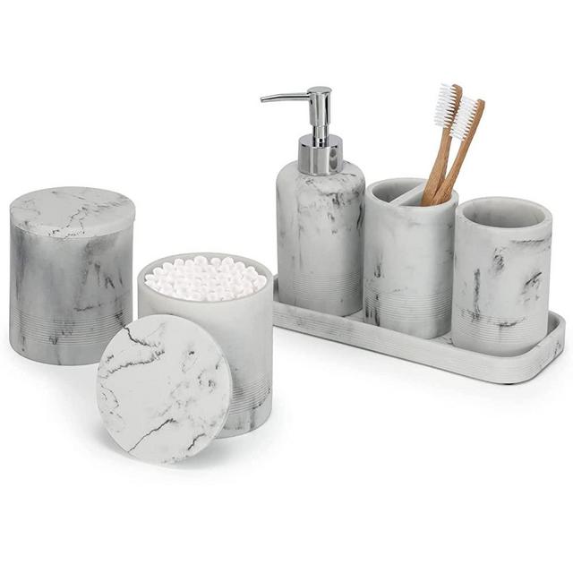 zccz Bathroom Accessories Set 6 Pcs - Marble Design Lotion Soap Dispenser, 2 Qtip Holder Dispenser, Toothbrush Holder, Vanity Tray, Bathroom Tumbler - Decorative Countertop Vanity Organizer, White