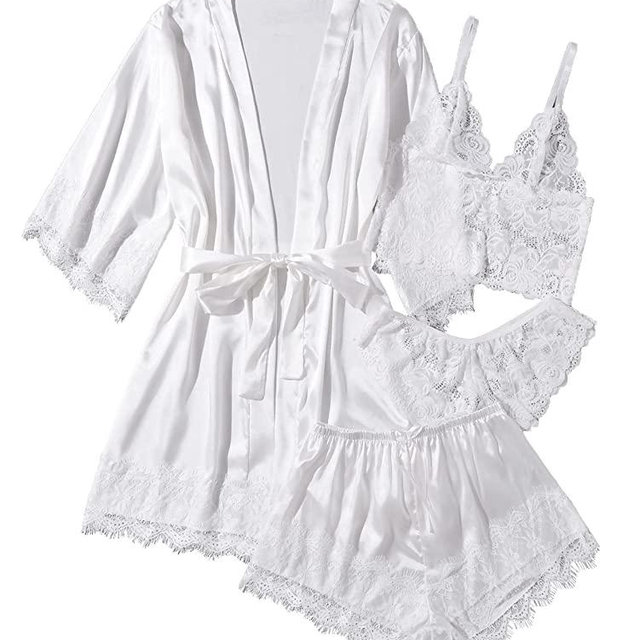 WDIRARA Women's 4 Pieces Satin Floral Lace Cami Top Lingerie Pajama Set with Robe
