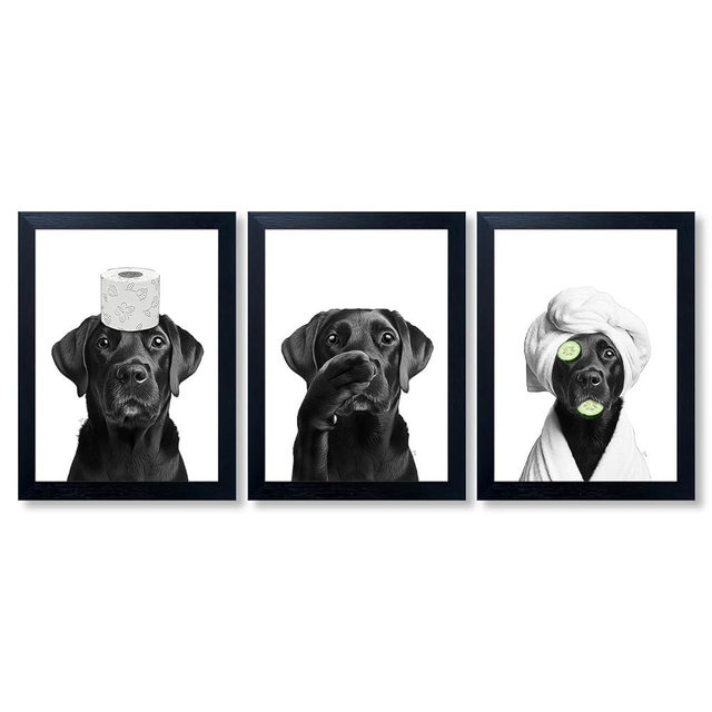 Black Labrador Wall Art Bathroom Wall Decor Framed Dog Print Picture Set of 3 Cute Animal Painting Funny Black Lab Decor Poster Restroom Decoration