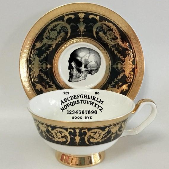 LIMITED EDITION - Black and Raised Gold Ouija / Skull Teacup and Saucer Set, 8 Ounces