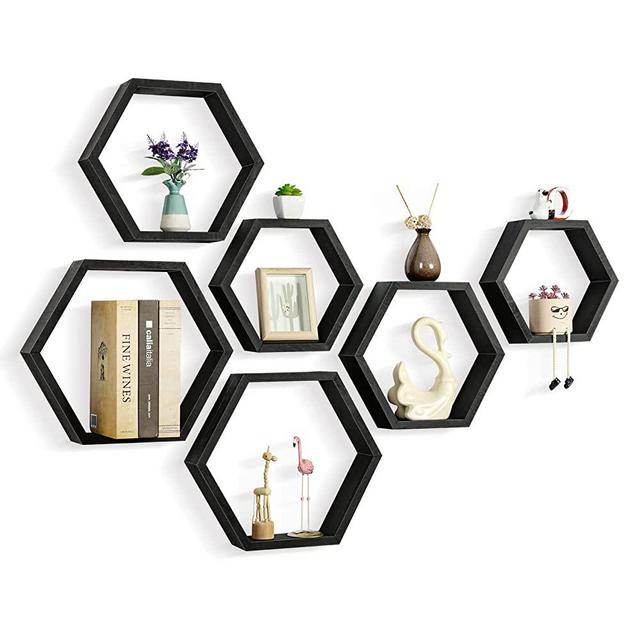 CADUKE Hexagonal Floating Shelves Set of 6 Hexagon Sheves Wall Mount Wood Storage Honeycomb Shelf Farmhouse Wall Decor Shelves for Bedroom Living Room, Black