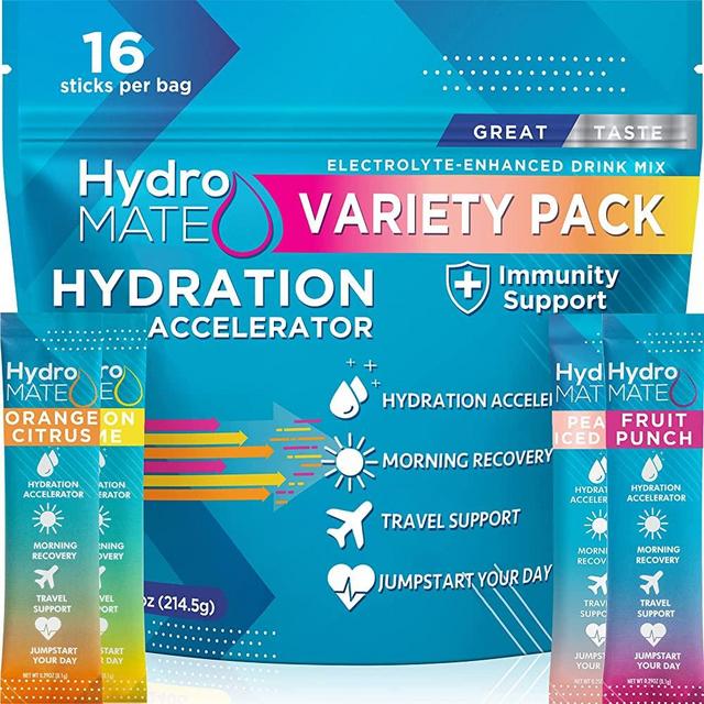 HydroMATE Electrolyte Powder Packets Drink Mix Hydration Accelerator Rapid Hydrate Powder Low Sugar Single Serving Stick Rehydrate Fast Hangover Party Recovery +1000mg Vitamin C Variety Bag (16 Count)