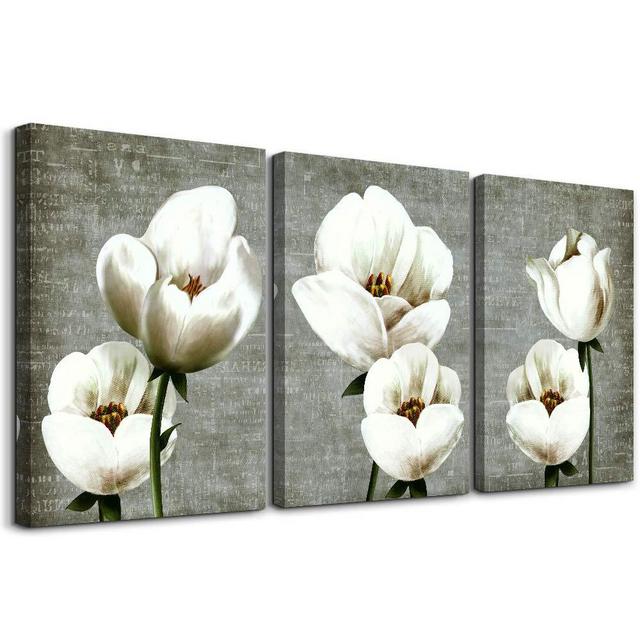 Living Room Wall Decor Canvas Wall Art For Bedroom Bathroom Wall Painting Artwork Gray Green Vintage Style White Flowers Abstract Pictures Wall Decorations For Kitchen 3 Panels Modern Family Decor