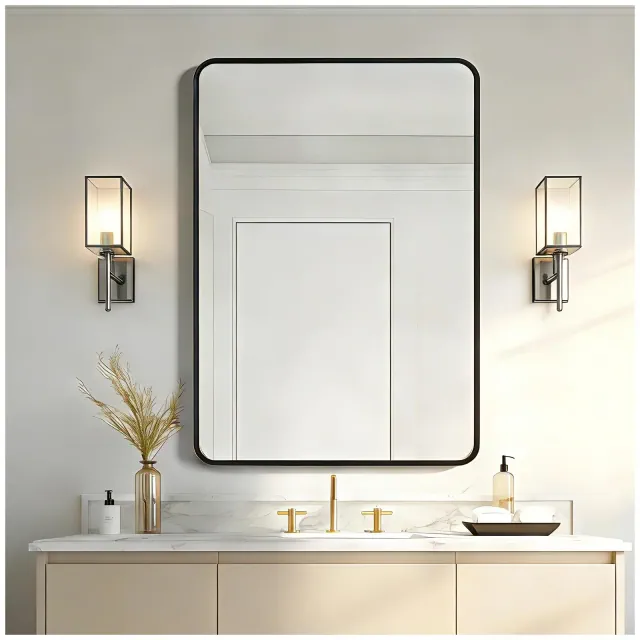 USHOWER Black Bathroom Mirror for Over Sink 24 x 36 Inch, Metal Frame Rectangle Vanity Mirror, Modern Farmhouse, Wall Mounted