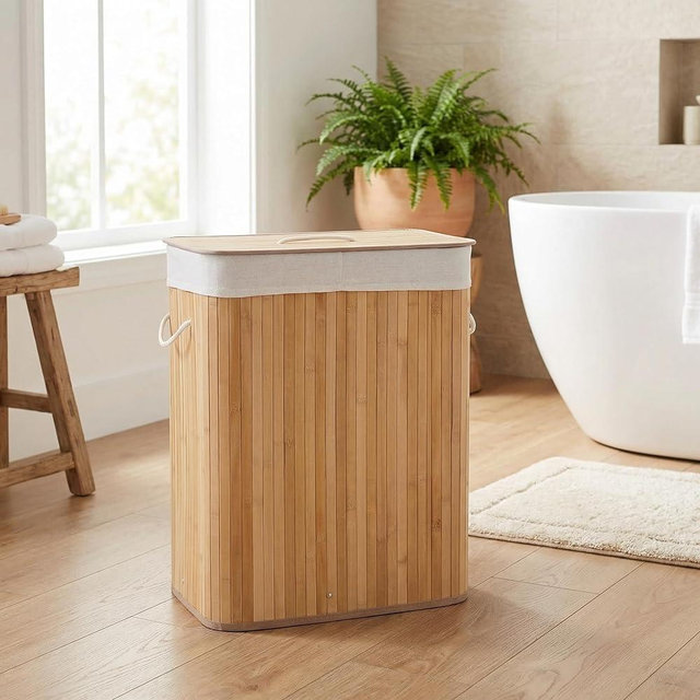 Bamboo Laundry Hamper with Lid – 28 Gal / 106 L Large Capacity Laundry Basket, Removable Machine Washable Liner, Sturdy Handles, for Bedroom, Bathroom, Laundry Room, Natural