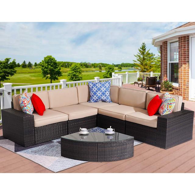 Stamo 6-Piece Outdoor Patio Conversation Sets, Outdoor Patio Furniture Sets with Glass Table, All Weather Coffee PE Rattan Wicker Cushioned Sectional Sofa Sets with Removable Cushions