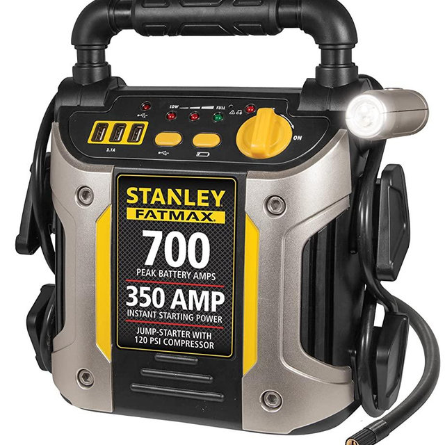 STANLEY FATMAX J7CS Portable Power Station Jump Starter: 700 Peak/350 Instant Amps, 120 PSI Air Compressor, 3.1A USB Ports, Battery Clamps
