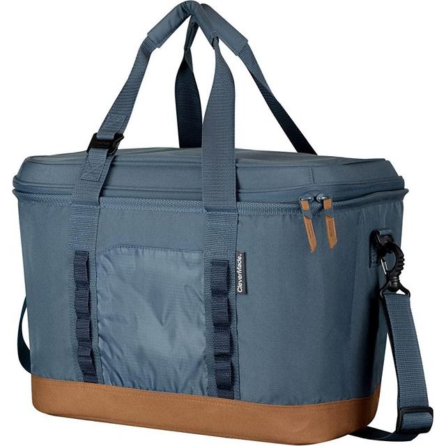CleverMade Pacifica Cooler Bag; Soft Sided Insulated, Collapsible Leakproof 50 Can Lunchbox with Bottle Opener & Shoulder Strap, Made From Recycled Materials, Ocean/Cognac