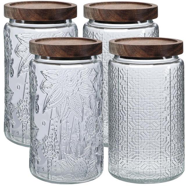 Vintage Glass Jars with Lids - 4 Pack Airtight Storage Jar with Wooden Lid Glass Food Storage Containers for Kitchen Counter, Pantry, Decorative Jar for Coffee, Tea, Sugar, Candy Cookie (4 pack 32 oz)