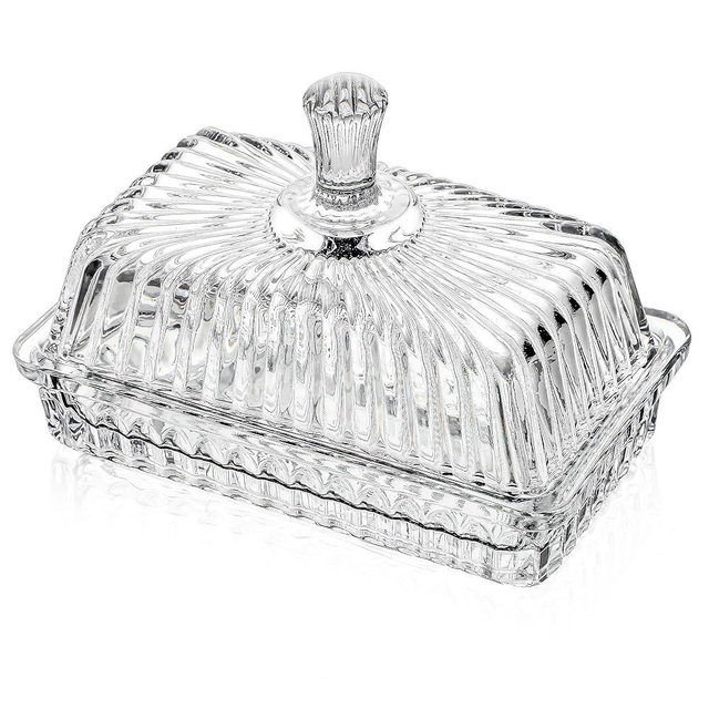 Clear Crystal Butter Dish with Lid, 6.2" Covered Glass Butter Dish with Cover Long Handle, Crystal Glass ButterTray for Countertop