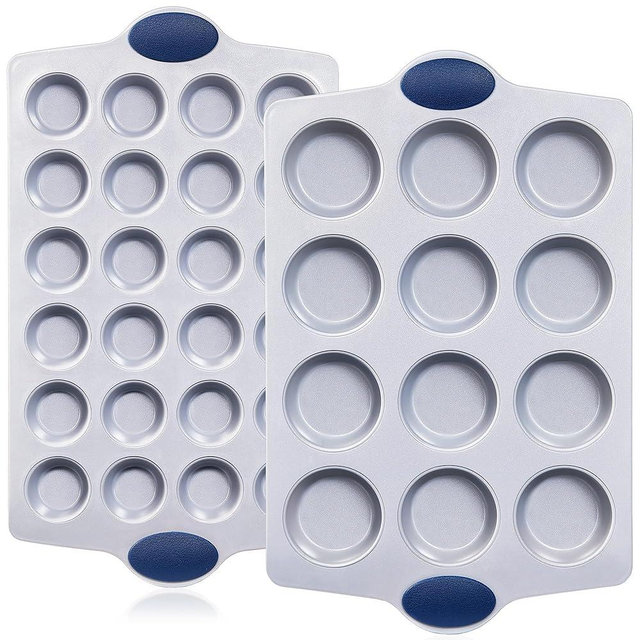 BRONYPRO Ceramic Muffin Pan, 12-Cup and 24-Cup Nonstick Aluminized Steel Mini Cupcake Pans, Healthy Non-Toxic Ceramic Coating Muffin Tin, 2 Pack Cup Cake Pans for Baking Blue