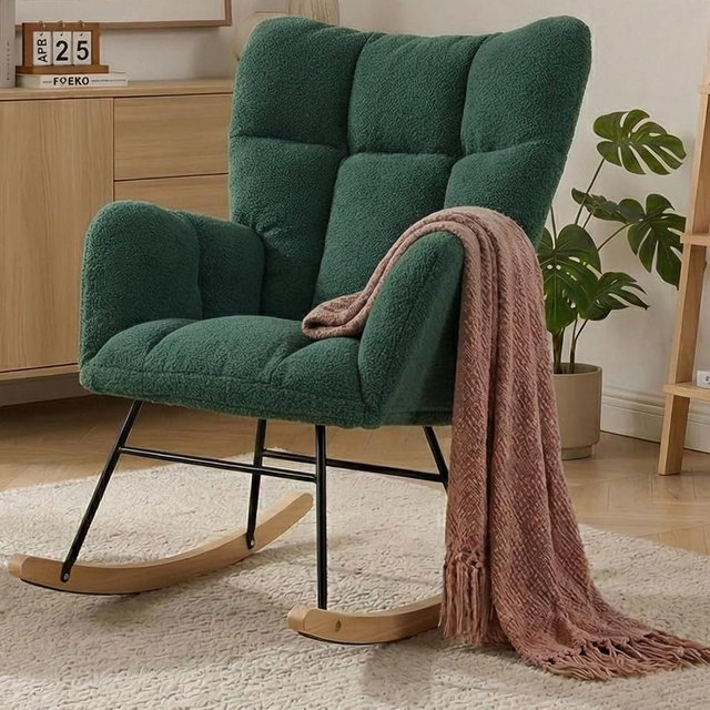 Wryxplor Nursery Rocking Chair, Teddy Upholstered Glider Chair with Thick Cushion, Tufted Gliding Rocker Chair with Wood Leg, Cozy Rocking Armchair, Accent Rocking Chair for Living Room (Green)