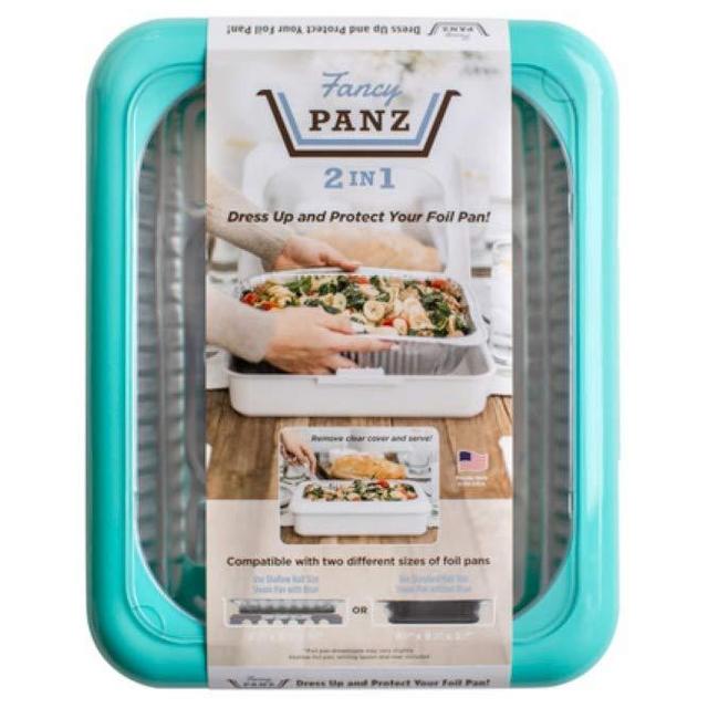 Fancy Panz 2-in-1 USA-Made Portable Casserole Carrier for Shallow and Deep Half Size Foil Steam Pans, Foil Pan and Serving Spoon Included (Aqua)