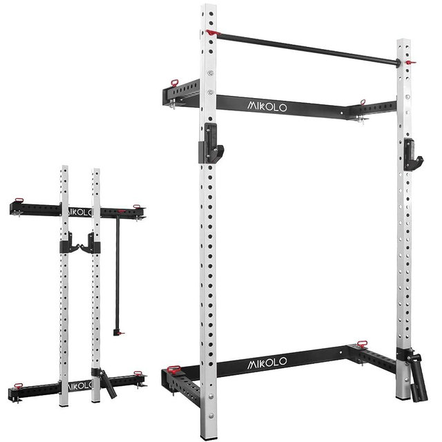 Mikolo 2.36'' x 2.36'' Folding Wall Mounted Squat Rack, 800 Pounds Capacity Power Rack with Pull Up Bar, J Hooks, Landmine and Other Attachments, Space-Saving Home Gym