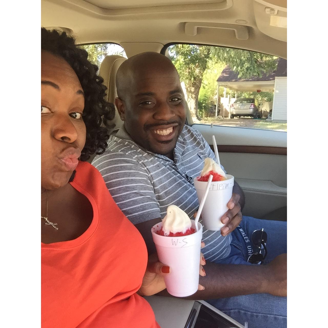 Enjoying on of our favorite treats, Jerry's SnoCones in Memphis, TN -July 2017