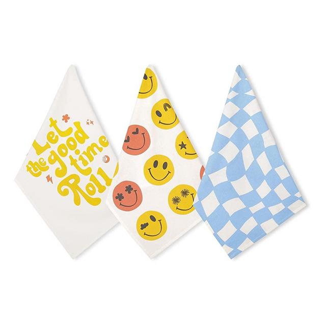 Folkulture Kitchen Towels with Hanging Loop, Set of 3-100% Cotton Kitchen Towels and Dishcloths Sets, Kitchen Hand Towels for Home, Farmhouse Kitchen Towels or Tea Towels, 20 x 26 inches, (Smile)