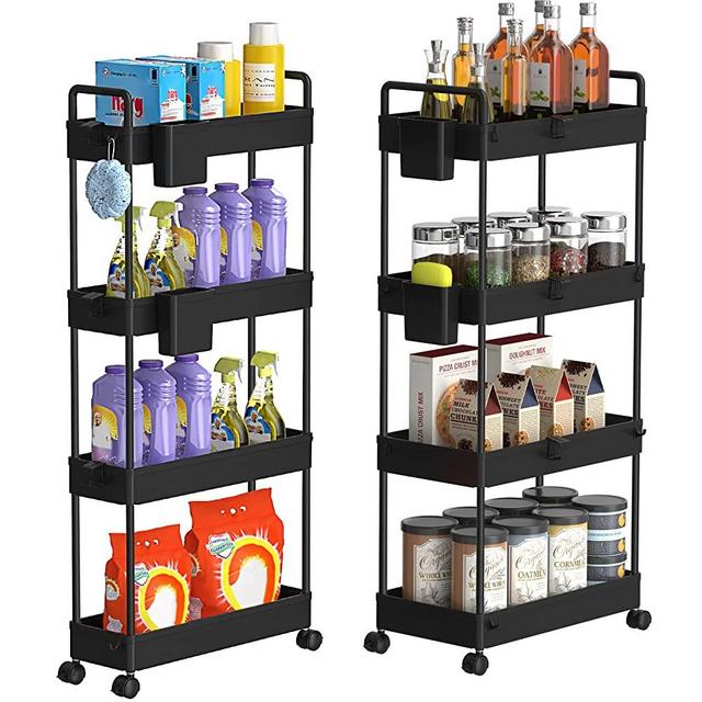 SOLEJAZZ Storage Cart 4 Tier, Laundry Room Organizer, Bathroom Rolling Storage Carts, Mobile Storage Shelves with Brake Wheels, Utility Cart for Apartment Bedroom Office Garage, Black, 2 Pack