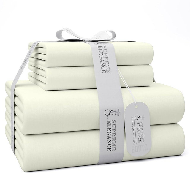 600 Thread Count King Bed Sheets Fresh Ivory, Cotton Rich Sateen Weave Easy Care Bed Sheet, Ultra Soft & Silky Durable Deep Pocket Sheets (1 Flat Sheet, 1 Fitted Sheet & 2 Pillowcases)