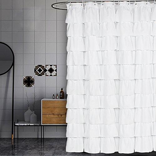 Volens White Shower Curtain Fabric/Ruffle for Bathroom,72in Long