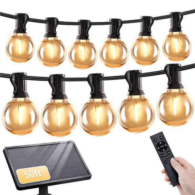 SANBEN 50ft Solar String Lights with Remote, 25+1 LED Bulbs Patio Lights Outdoor Waterproof, G40 Dimmable Deck Lights for Outside Garden Fence Backyard Decor