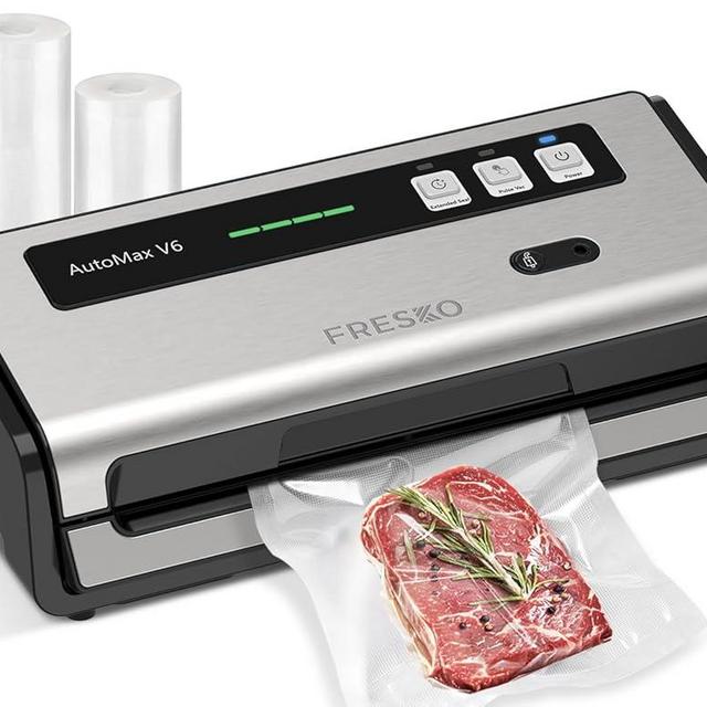 FRESKO Food Vacuum Sealer with Automatic Bag Detection, Double Heat Seal, Built-in Bag Roll Storage & Cutter, 2 Rolls Bags, Starter Kit
