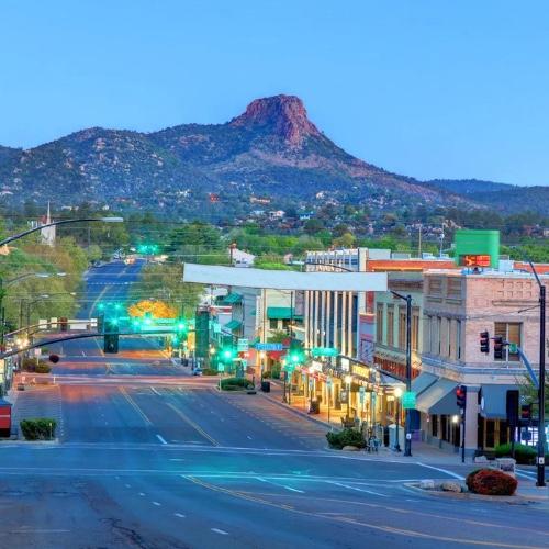Downtown Prescott and a view of Thumb Butte