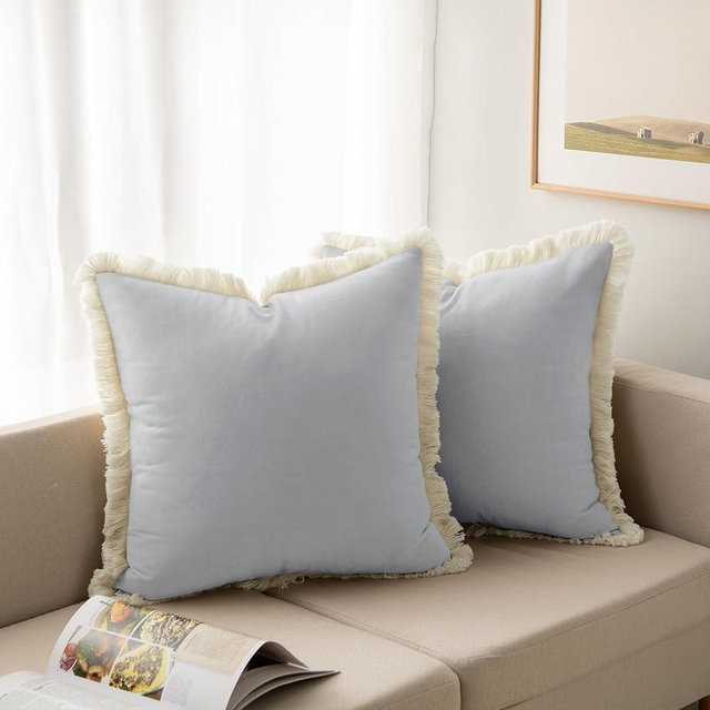 DWCN Sliver Grey Fringe Velvet Throw Pillow Covers for Living Room Couch Sofa Bedroom, Decorative Square Solid Soft Cushion Cases with Invisible Zipper, 18x18 Inch, Set of 2 (No Pillow Insert)