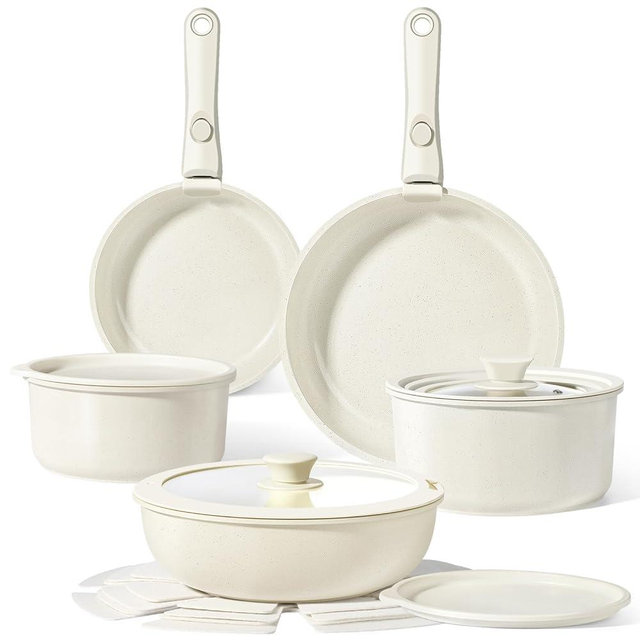 GiPP Ceramic Pots and Pans Set Non Stick, Nonstick Detachable Handle Cookware Sets, Healthy Non Toxic PFAS PFOA & PTFE Free, Dishwasher ＆Oven Safe, Induction Kitchen Pot and Pan, 15 Piece Cream